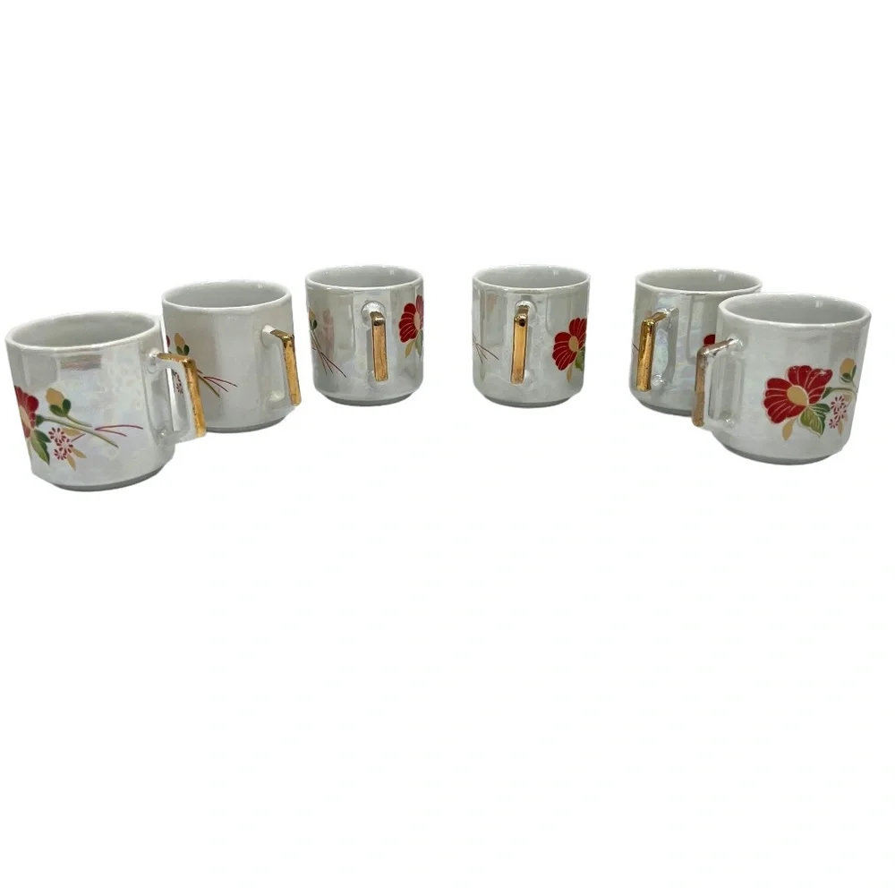 VINTAGE WAHBEH OF CHINA RED FLORAL LUSTERWARE CUPS & SAUCERS - SET OF 6